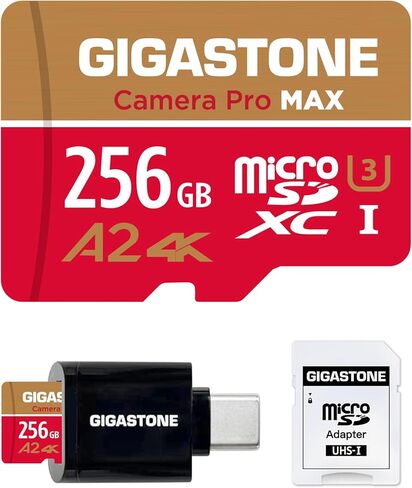 [استعادة بيانات مجانية لمدة 5 سنوات] بطاقة ذاكرة Micro SD سعة 256 جيجابايت من GIGASTONE مع قارئ بطاقة USB 3.2 من النوع C، وكاميرا 4K Pro MAX، وبطاقة ذاكرة A2 V30 MicroSDXC لـ Gopro، وفيديو 4K UHD، حتى 130/85 ميجابايت/ثانية مع محول in Kuwait