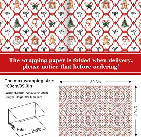 JarThenaAMCS Christmas Bow Wrapping Paper 6 Jumbo Sheets 27.6 x 39.4 Inch - Not Roll - Gingerbread Santa Candy Cane Gift Wrap Paper Folded Flat for DIY Crafts Xmas Winter Holiday Party in Saudi Arabia