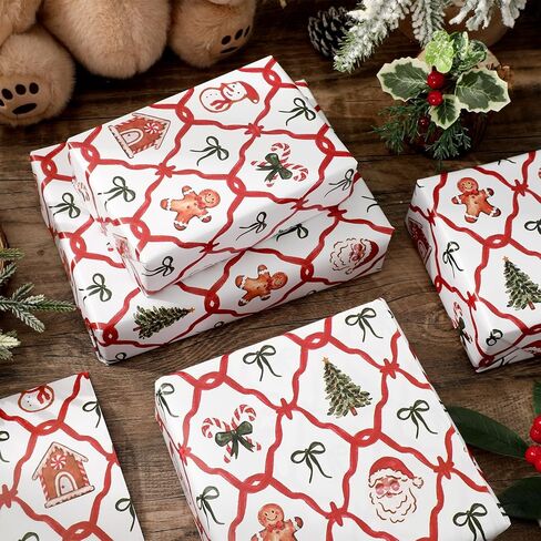 JarThenaAMCS Christmas Bow Wrapping Paper 6 Jumbo Sheets 27.6 x 39.4 Inch - Not Roll - Gingerbread Santa Candy Cane Gift Wrap Paper Folded Flat for DIY Crafts Xmas Winter Holiday Party in Saudi Arabia