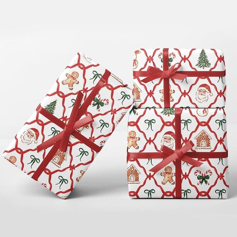 JarThenaAMCS Christmas Bow Wrapping Paper 6 Jumbo Sheets 27.6 x 39.4 Inch - Not Roll - Gingerbread Santa Candy Cane Gift Wrap Paper Folded Flat for DIY Crafts Xmas Winter Holiday Party in Saudi Arabia