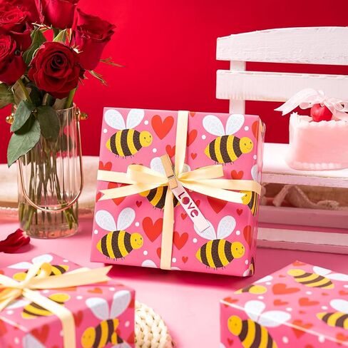 WRAPAHOLIC Valentines Day Wrapping Paper Roll - Mini Roll - 17 Inch x 16.5 Feet - Pink Love Hearts, Roses, Book Wrapping Paper, Perfect for Valentine’s Day, Wedding, Anniversary in Saudi Arabia