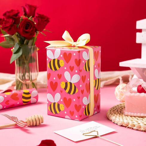 WRAPAHOLIC Valentines Day Wrapping Paper Roll - Mini Roll - 17 Inch x 16.5 Feet - Pink Love Hearts, Roses, Book Wrapping Paper, Perfect for Valentine’s Day, Wedding, Anniversary in Saudi Arabia