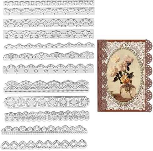 12 PCS Metal Flower Lace Frame Cutting Dies, Flower Edge Border Die Cuts Embossing Stencils Lace Card Border Template Mould for Card Scrapbooking and DIY Craft Album Paper Card Decor in Saudi Arabia