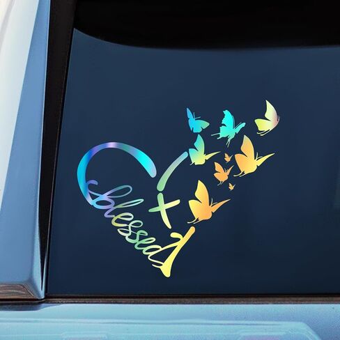Blessed Cross & Butterfly Heart Decal – Inspirational Faith Vinyl Sticker for Vehicles, Windows & Home Decor | 8.6"x7.5" (Holographic) in Saudi Arabia