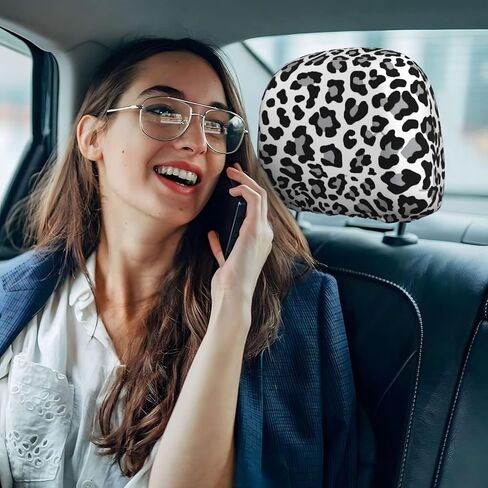 Black, White and Grey Leopard Print 2pcs Personalized Embroidery Truck SUV Car Seat Headrest Cover Auto Accessories in Kuwait