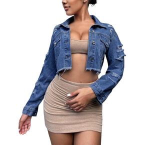 ZERMOM Women's Cropped Denim Jacket Button Down Long Sleeve Fitted Crop Top Jean Coat in Kuwait