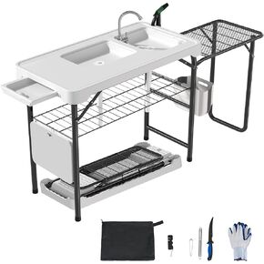 Dragosum 42'' Outdoor Fish Cleaning Table Portable Camping Sink Station with Double Sinks, Collapsible Swivel Faucet, Picnic Sink Table with 6pc Fish Cleaning Kit for Picnic Beach Patio (Grey) in Saudi Arabia