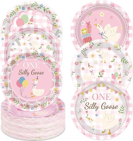 60 Pcs One Silly Goose Paper Plates Party Supplies Silly Goose Pink Gingham Birthday Decorations for Baby Shower Kids Birthday Family Picnic Camping Garden Tea Parties 6 Styles in Saudi Arabia