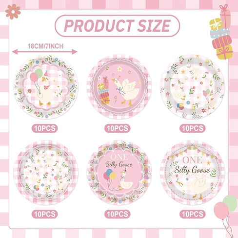 60 Pcs One Silly Goose Paper Plates Party Supplies Silly Goose Pink Gingham Birthday Decorations for Baby Shower Kids Birthday Family Picnic Camping Garden Tea Parties 6 Styles in Saudi Arabia