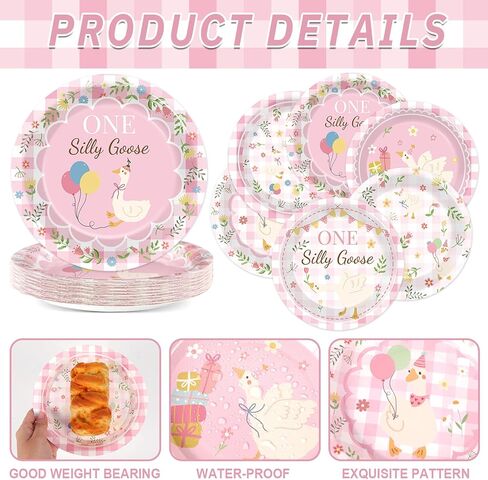 60 Pcs One Silly Goose Paper Plates Party Supplies Silly Goose Pink Gingham Birthday Decorations for Baby Shower Kids Birthday Family Picnic Camping Garden Tea Parties 6 Styles in Saudi Arabia