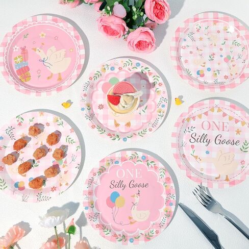 60 Pcs One Silly Goose Paper Plates Party Supplies Silly Goose Pink Gingham Birthday Decorations for Baby Shower Kids Birthday Family Picnic Camping Garden Tea Parties 6 Styles in Saudi Arabia