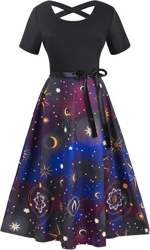 FEAPHY Women's Sun Moon Star Galaxy Dress Short Sleeve High Waisted Belted A-Line Midi Dress in Kuwait