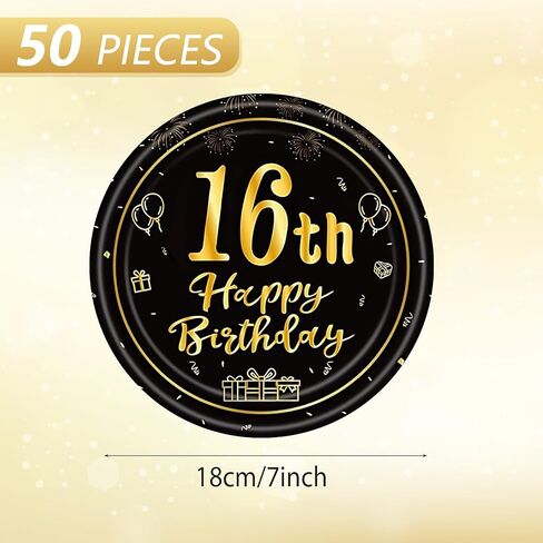 16th Birthday Decorations for Boys Girls,Black Gold 16th Birthday Tableware Set - 50Pcs 7Inch Small Paper Plates Happy 16 Year Old Sweet Sixteen Plates for Sweet 16 Party Decorations,Serves 50 in Saudi Arabia