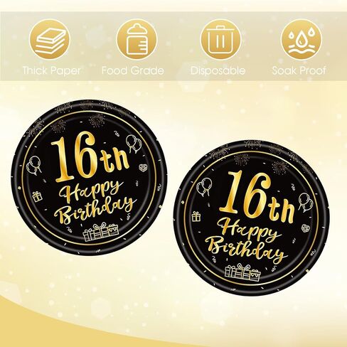16th Birthday Decorations for Boys Girls,Black Gold 16th Birthday Tableware Set - 50Pcs 7Inch Small Paper Plates Happy 16 Year Old Sweet Sixteen Plates for Sweet 16 Party Decorations,Serves 50 in Saudi Arabia