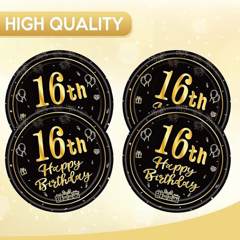 16th Birthday Decorations for Boys Girls,Black Gold 16th Birthday Tableware Set - 50Pcs 7Inch Small Paper Plates Happy 16 Year Old Sweet Sixteen Plates for Sweet 16 Party Decorations,Serves 50 in Saudi Arabia