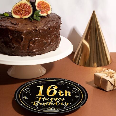 16th Birthday Decorations for Boys Girls,Black Gold 16th Birthday Tableware Set - 50Pcs 7Inch Small Paper Plates Happy 16 Year Old Sweet Sixteen Plates for Sweet 16 Party Decorations,Serves 50 in Saudi Arabia