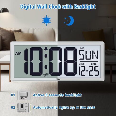WallarGe Backlight Digital Wall Clock Battery Operated - with Temperature and Date 14.5'' Large Digital Wall Clock, Easy to Read and Set, Auto DST in Saudi Arabia