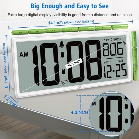 WallarGe Backlight Digital Wall Clock Battery Operated - with Temperature and Date 14.5'' Large Digital Wall Clock, Easy to Read and Set, Auto DST in Saudi Arabia