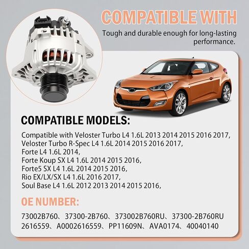 373002B760 Alternator L4 1.6L Compatible with Hyundai Veloster 2013-2017 Kia Forte Forte Koup SX Forte 5 Koup/SX Rio EX/LX/SX Soul Base 73002B760 alternator 1.6 kia soul 2012 37300-2B760 12V 110A in Saudi Arabia
