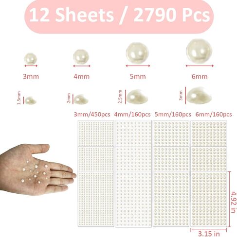 2790Pcs Pearl Stickers, Self Adhesive Pearls Gems Flat Back, 12 Sheets Stick On Pearls for Crafts, Nail, Hair, Face, Eyes, Makeup, Art, Scrapbooking, DIY, Wedding, Assorted Size 3/4/5/6mm in Saudi Arabia