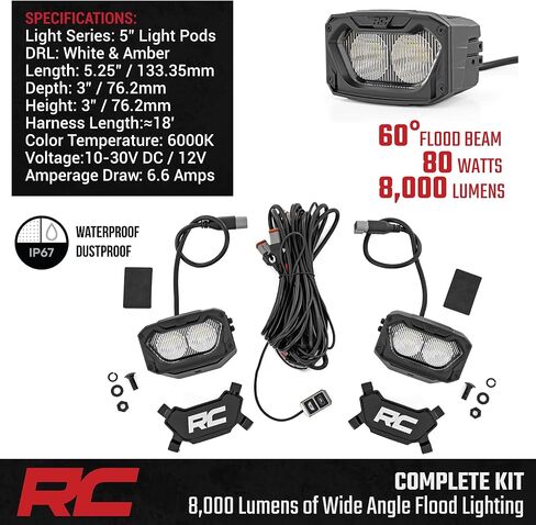 أغطية إضاءة LED مقاس 5 بوصات من Rough Country مع DRL كهرماني وأبيض - 8,000 لومن، مصابيح CREE LED بقدرة 40 وات، مصابيح للطرق الوعرة مع شعاع فيضان، مقاومة للماء IP67 (مجموعة من 2) in Saudi Arabia