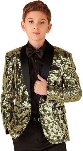 Boyland Boys 2 Pieces Suits Tuxedo Suit Shiny Sequins Peak Lapel Slim Fit Jacket Pants Party Performance in Kuwait