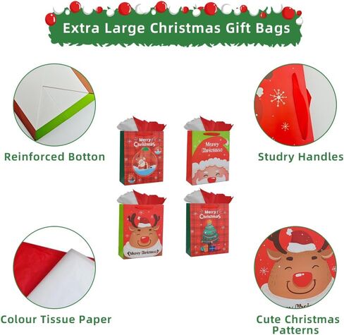 Colodeol 4Pack 12.8" Large Christmas Gift Bags with Tissue Paper,christmas Bags for gifts,Large Christmas Paper Bags Bulk for Boys, Girls, Women and Men’Xmas Holiday Presents in Kuwait