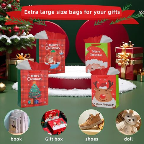 Colodeol 4Pack 12.8" Large Christmas Gift Bags with Tissue Paper,christmas Bags for gifts,Large Christmas Paper Bags Bulk for Boys, Girls, Women and Men’Xmas Holiday Presents in Kuwait