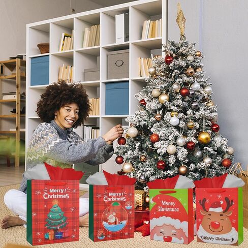 Colodeol 4Pack 12.8" Large Christmas Gift Bags with Tissue Paper,christmas Bags for gifts,Large Christmas Paper Bags Bulk for Boys, Girls, Women and Men’Xmas Holiday Presents in Kuwait