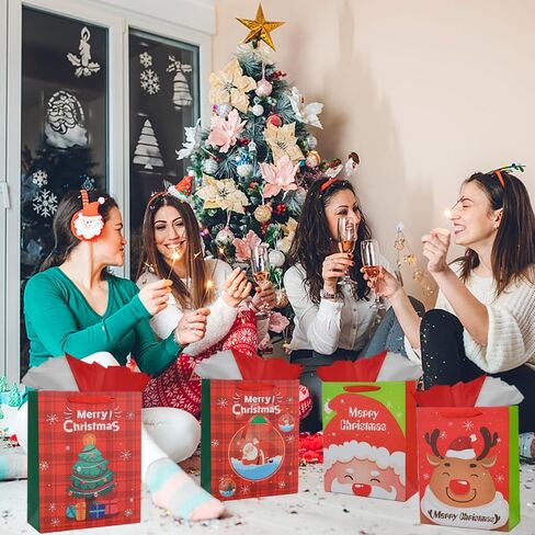 Colodeol 4Pack 12.8" Large Christmas Gift Bags with Tissue Paper,christmas Bags for gifts,Large Christmas Paper Bags Bulk for Boys, Girls, Women and Men’Xmas Holiday Presents in Kuwait