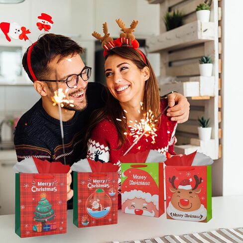 Colodeol 4Pack 12.8" Large Christmas Gift Bags with Tissue Paper,christmas Bags for gifts,Large Christmas Paper Bags Bulk for Boys, Girls, Women and Men’Xmas Holiday Presents in Kuwait