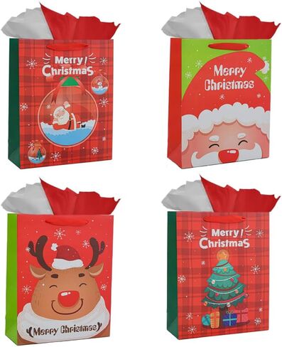 Colodeol 4Pack 12.8" Large Christmas Gift Bags with Tissue Paper,christmas Bags for gifts,Large Christmas Paper Bags Bulk for Boys, Girls, Women and Men’Xmas Holiday Presents in Kuwait