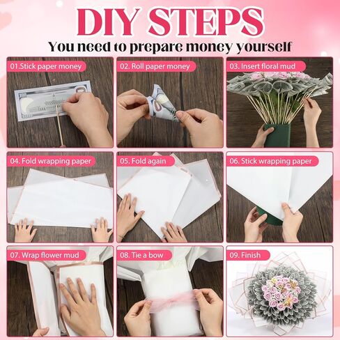 Marspark Christmas Money Bouquet Kit Cash Gifts Include 20 Sheet Flower Wrapping Paper 36 Fake Flower 100 Bamboo Skewer 3 Floral Foam Block Gift for Anniversary Birthday Wedding(Red,Classic) in Saudi Arabia