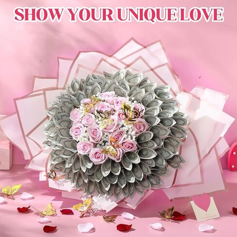 Marspark Christmas Money Bouquet Kit Cash Gifts Include 20 Sheet Flower Wrapping Paper 36 Fake Flower 100 Bamboo Skewer 3 Floral Foam Block Gift for Anniversary Birthday Wedding(Red,Classic) in Saudi Arabia