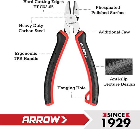 ARROW High Leverage Diagonal Pliers, 6 Inch Wire Cutters with Comfortable TPR Handle, High Carbon Steel Side Cutters for Cutting Wire in Kuwait