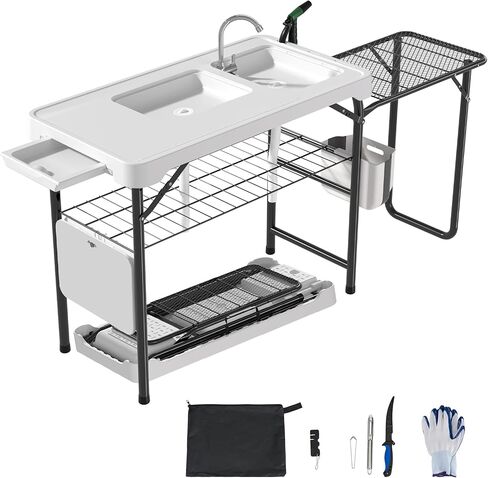 Dragosum 42'' Outdoor Fish Cleaning Table Portable Camping Sink Station with Double Sinks, Collapsible Swivel Faucet, Picnic Sink Table with 6pc Fish Cleaning Kit for Picnic Beach Patio (Grey) in Saudi Arabia