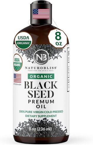 NaturoBliss Organic Black Seed Oil 100% Virgin Cold Pressed Omega 3 6 9 Super Antioxidant for Immune Support, Joints, Mobility, Digestion, Hair & Skin Vegan, Gluten-Free, Non-GMO USDA Certified 8oz in Saudi Arabia