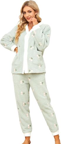 LYCY Womens Fuzzy Plush Pajama Set, Soft Warm Fleece Pajama for Women Cute Long Embroidered 2 Piece Sleepwears in Kuwait