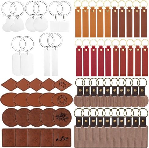 Landical 70 Pcs Laser Engraving Keychain Blanks PU Leather Keychain Kit PU Leather Hat Patches Wood Keyring Blanks Stainless Steel Keyring for DIY Presents Crafting Gifts Hat Backpack in Saudi Arabia