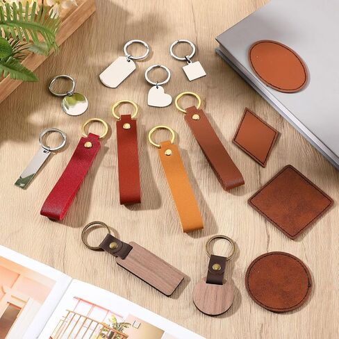 Landical 70 Pcs Laser Engraving Keychain Blanks PU Leather Keychain Kit PU Leather Hat Patches Wood Keyring Blanks Stainless Steel Keyring for DIY Presents Crafting Gifts Hat Backpack in Saudi Arabia
