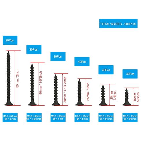 مجموعة متنوعة من مسامير الخشب اللولبية للجدران الجافة، رأس مسطح من فيليبس، لمسة نهائية من أكسيد أسود لخشب الحوائط الجافة (#6) M3.5x16/20/25/30/35/40/50، 400 قطعة/7 مقاسات in Kuwait