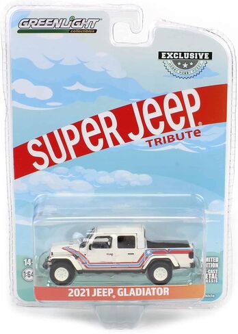Greenlight 2021 Jeep Gladiator Pickup Truck Super Jeep Tribute White مع خطوط حمراء وزرقاء Hobby Exclusive Series 1/64 Diecast Model Car in Kuwait
