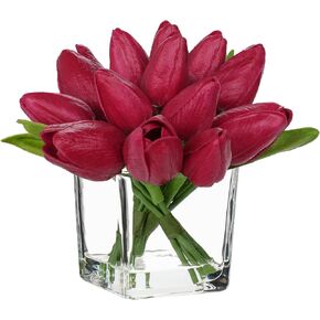 DILATATA Artificial White Tulips in Vase with Faux Water 5.5" Real Touch Flowers Fake Tulips Small Flowers Arrangement in Cube Glass Vase for Mother's Day Table Centerpiece Wedding Home Decor in Saudi Arabia