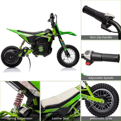 دراجة نارية كهربائية للطرق الوعرة 24 فولت، محرك 250 وات 13.6 ميل في الساعة موتوكروس سريع السرعة، دراجة ترابية بمقعد جلدي، صمام خانق بمقبض ملتوي، تعليق معدني، إطارات مملوءة بالهواء، للأطفال المراهقين بعمر 8 سنوات فما فوق (أخضر) in Kuwait