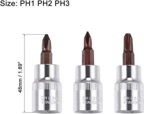 uxcell 3/8" Drive x PH1 - PH3 مجموعة مقابس فيليبس، لقم فولاذية S2، مقابس CR-V بطول 48 مم (للاستخدام اليدوي فقط) in Saudi Arabia