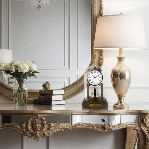 ساعة Genevieve I Mantel مقاس 9 بوصات مع بندول دوار، طراز عتيق حديث، ديكور سطح الطاولة، ساعة مكتب ورف، أرقام رومانية، لمسة نهائية فضية ميثريل، فضي، FD2402 in Saudi Arabia