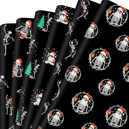Gersoniel 12 Pcs Gothic Skeleton Christmas Wrapping Paper Dancing Skeleton with Christmas Hat 20 x 29 Inch Gothic Gift Wrapping Paper Decoration for Xmas DIY Crafts Supplies in Saudi Arabia