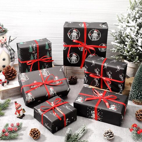 Gersoniel 12 Pcs Gothic Skeleton Christmas Wrapping Paper Dancing Skeleton with Christmas Hat 20 x 29 Inch Gothic Gift Wrapping Paper Decoration for Xmas DIY Crafts Supplies in Saudi Arabia