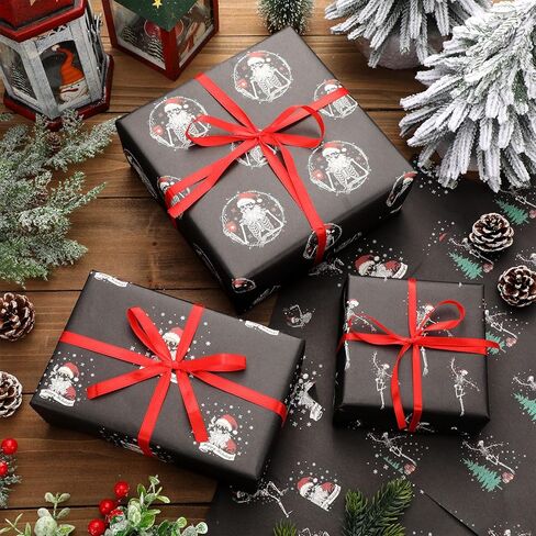 Gersoniel 12 Pcs Gothic Skeleton Christmas Wrapping Paper Dancing Skeleton with Christmas Hat 20 x 29 Inch Gothic Gift Wrapping Paper Decoration for Xmas DIY Crafts Supplies in Saudi Arabia