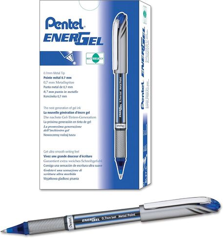 Pentel EnerGel NV Gel Ink Pen, (0.7mm), Medium Point Capped, Metal Tip, Blue Ink, Box of 12 (BL27-C) in Saudi Arabia